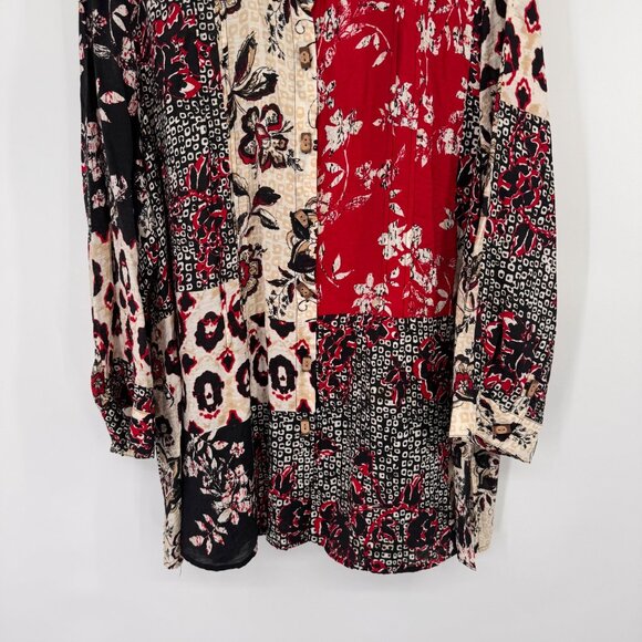 Multiples Womens Patchwork Button-Up Blouse tunic size 1X plus Floral Red Black - Picture 8 of 12